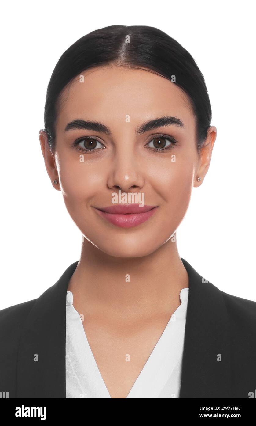 Passfoto. Porträt einer Frau auf weißem Hintergrund Stockfoto
