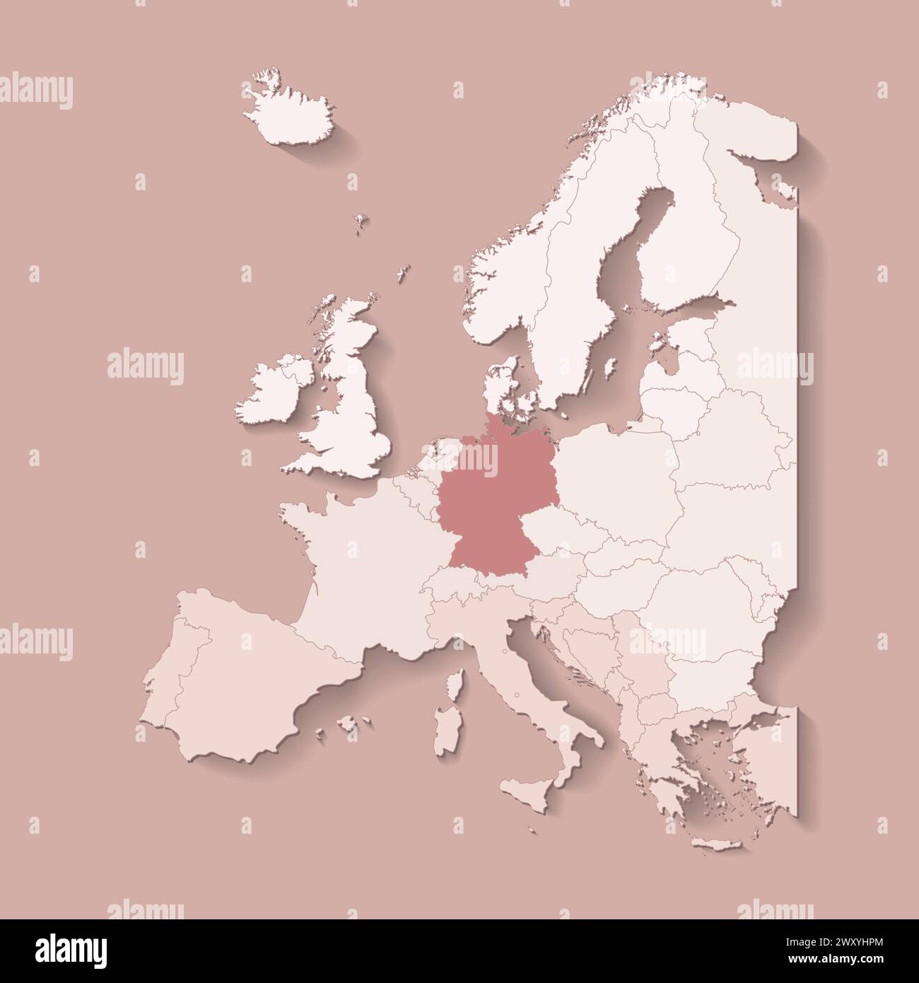 Vektorillustration mit europäischem Land mit landesgrenzen und markiertem Land Deutschland. Politische Karte in braunen Farben mit West-, Süd- und etc.-Re Stock Vektor
