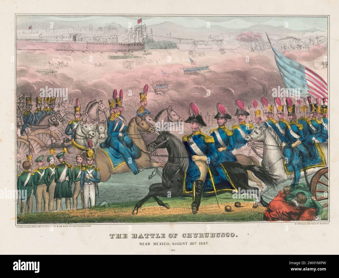 Die Schlacht von Churubusco fand am 20. August 1847 statt, während Santa Annas Armee sich aus der Schlacht von Contreras oder der Schlacht von Padierna während des Mexikanisch-Amerikanischen Krieges zurückzog. Es war die Schlacht, in der das Bataillon von San Patricio, das größtenteils aus US-Deserteuren bestand, seinen letzten Widerstand gegen die US-Streitkräfte leistete. Die US-Armee war siegreich und hatte mehr als sechs zu eins der verteidigenden mexikanischen Truppen. Nach der Schlacht war die US-Armee nur 8 km von Mexiko-Stadt entfernt. 50 Mitglieder des St. Patrick’s Bataillons wurden offiziell von der US-Armee hingerichtet, bis auf zwei durch Erhängen. Insgesamt ist die Stockfoto