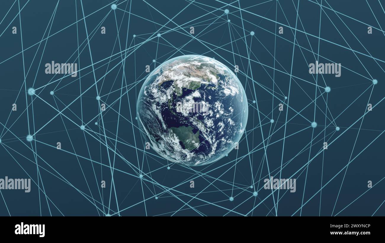 Hochauflösendes Bild des Planeten Erde, umgeben von einem komplexen Netz digitaler Verbindungen, die globale Netzwerke symbolisieren Stockfoto