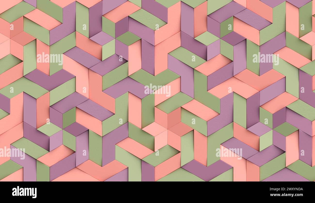 3D-Tapete Origami-Mosaik aus farbigen Partikeln Rosa- und Grüntöne hochwertige nahtlose, realistische Textur Stockfoto