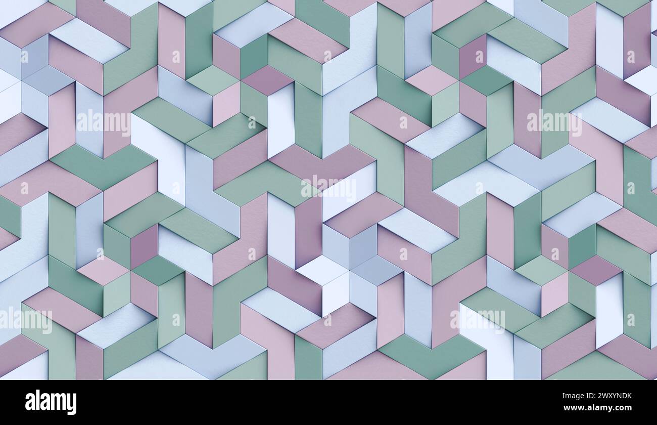 3D-Tapete Origami-Mosaik aus pastellfarbenen Partikeln Violett- und Grüntöne hochwertige nahtlose, realistische Textur Stockfoto