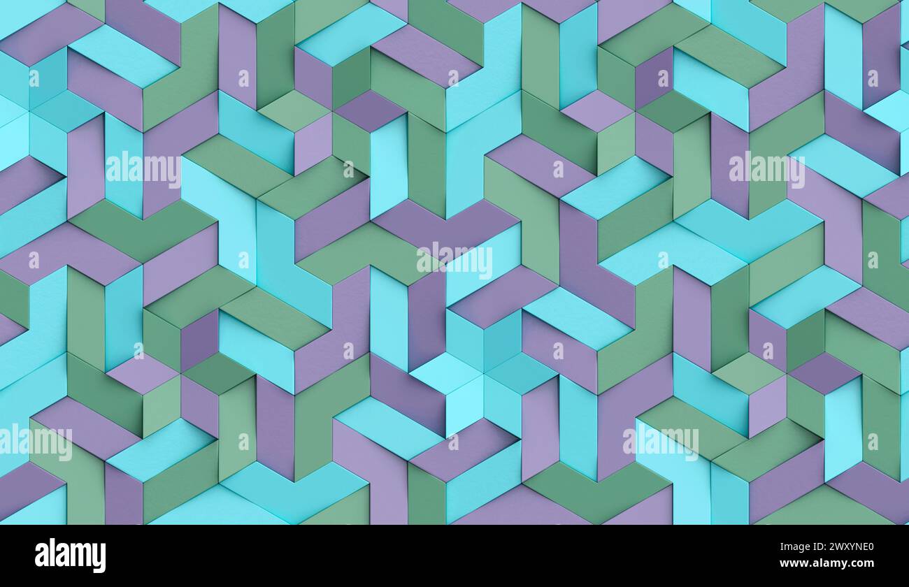 3D-Tapete Origami-Mosaik aus farbigen Partikeln Violett-, Blau- und Grüntöne hochwertige nahtlose, realistische Textur Stockfoto
