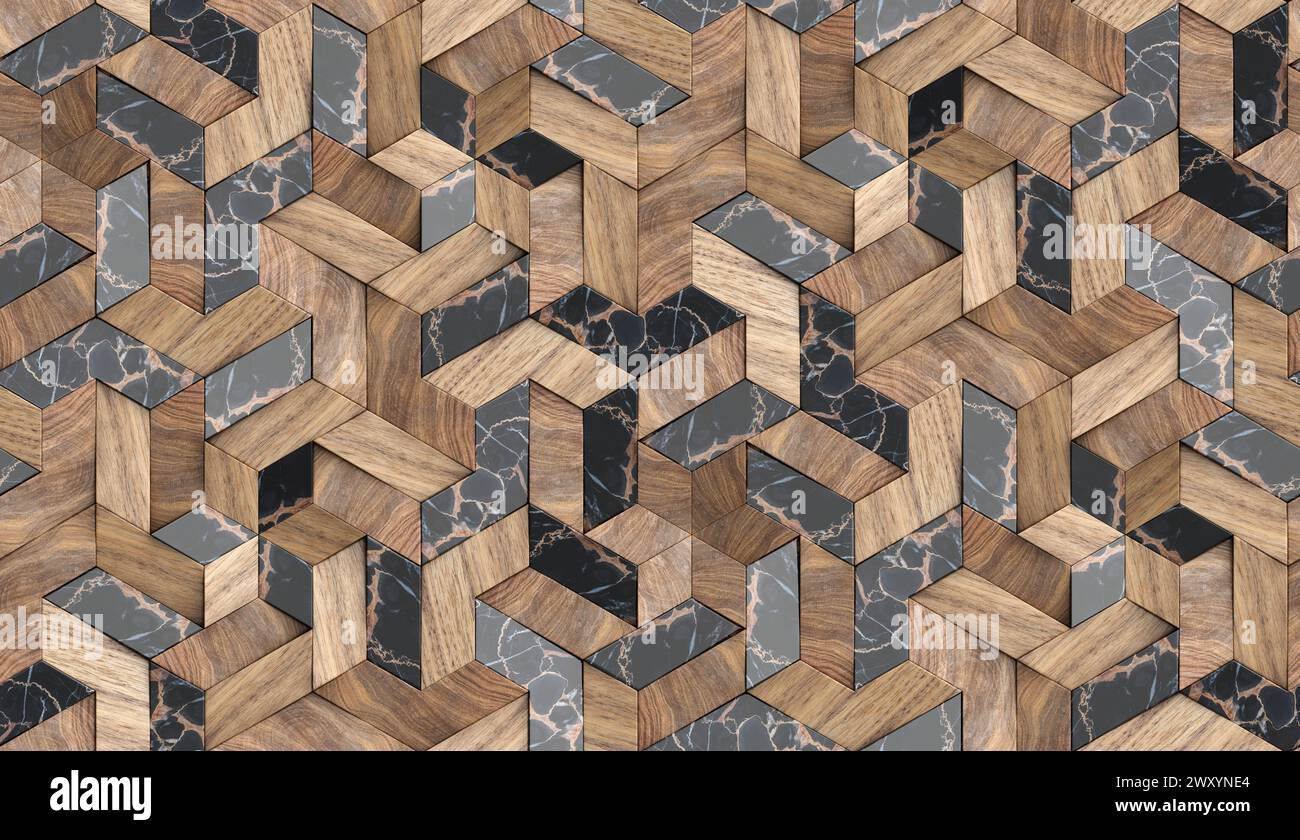 3D-Tapetenmosaik aus massiven Holzpartikeln und luxuriösem schwarzem Marmor hochwertige, nahtlose, realistische Textur Stockfoto