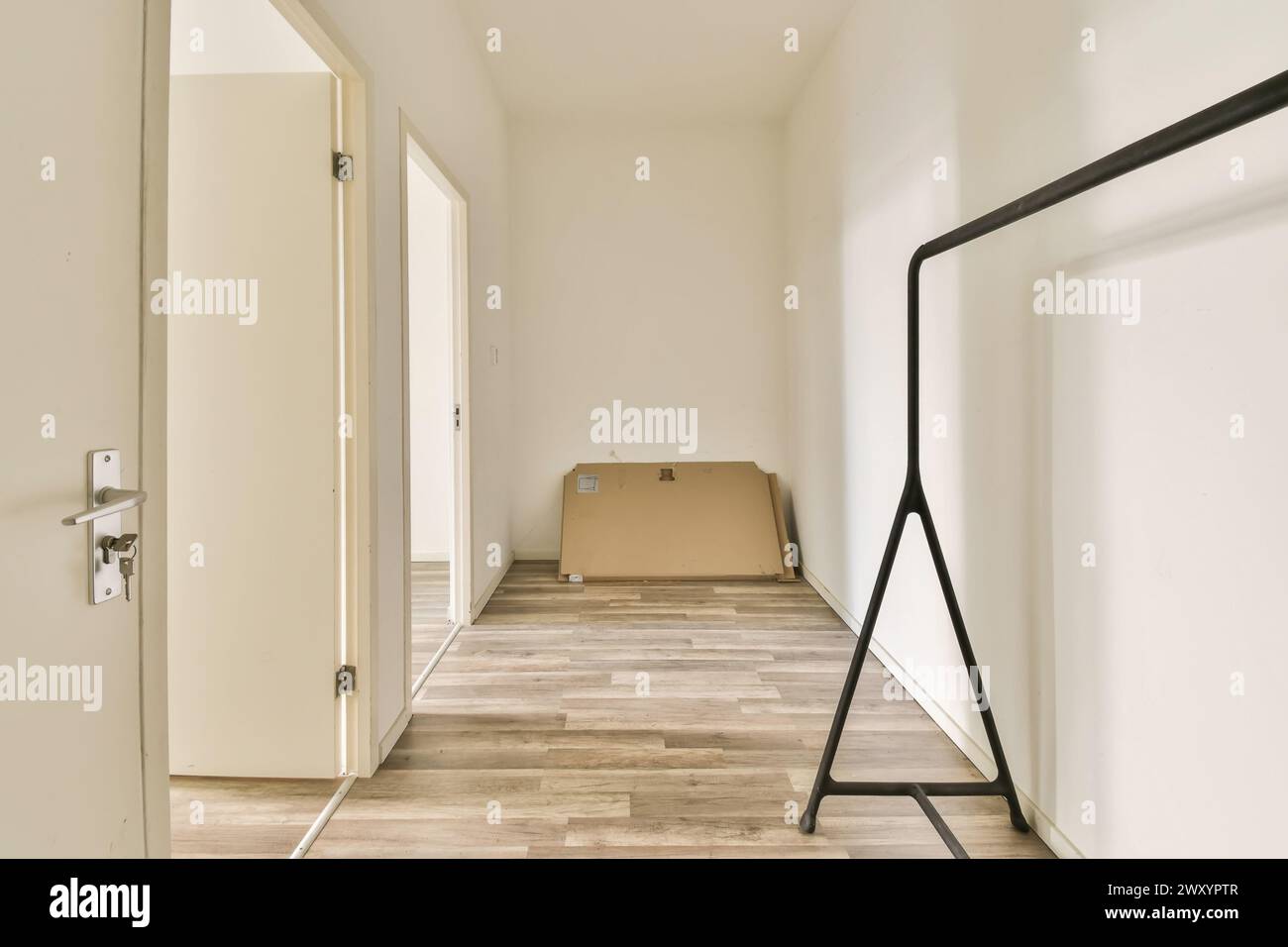 Ein leerer, heller Raum mit offener Tür, hellen Wänden und Holzlaminatböden mit minimalistischem Metallgarderobe. Stockfoto