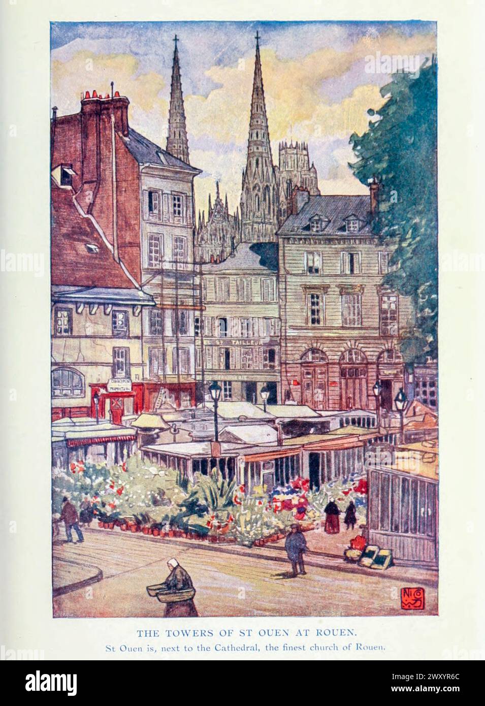Die Türme von St. Ouen, Rouen 1910 von Gordon Cochrane Home (* 25. Juli 1878 bis 13. Dezember 1969) war ein englischer Landschaftskünstler, Schriftsteller und Illustrator. Rouen ist eine Stadt an der seine in Nordfrankreich. Es ist die Präfektur der Region Normandie und das Departement seine-Maritime. Stockfoto