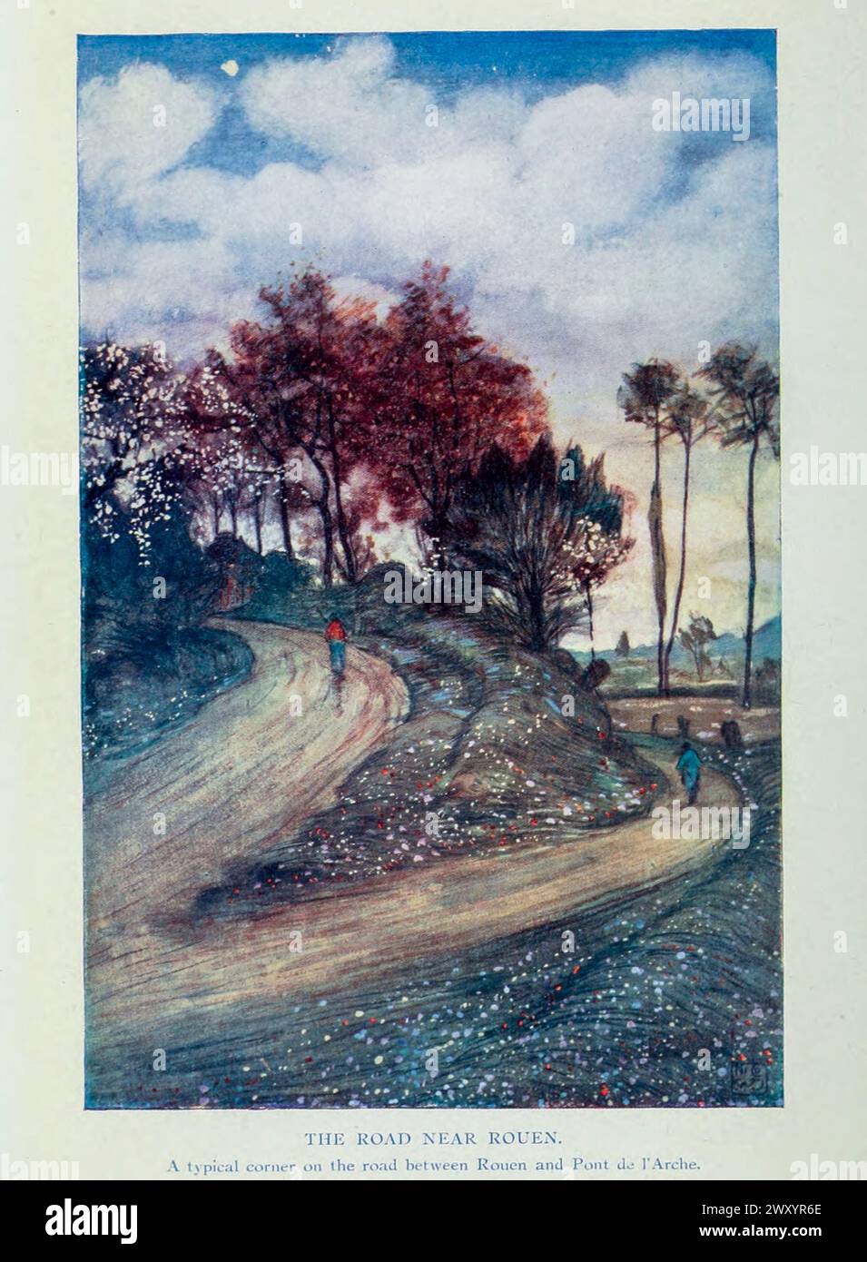 The Road Near Rouen to Pont de l’Arche 1910 von Gordon Cochrane Home (25. Juli 1878 – 13. Dezember 1969) war ein englischer Landschaftskünstler, Schriftsteller und Illustrator. Rouen ist eine Stadt an der seine in Nordfrankreich. Es ist die Präfektur der Region Normandie und das Departement seine-Maritime. Stockfoto