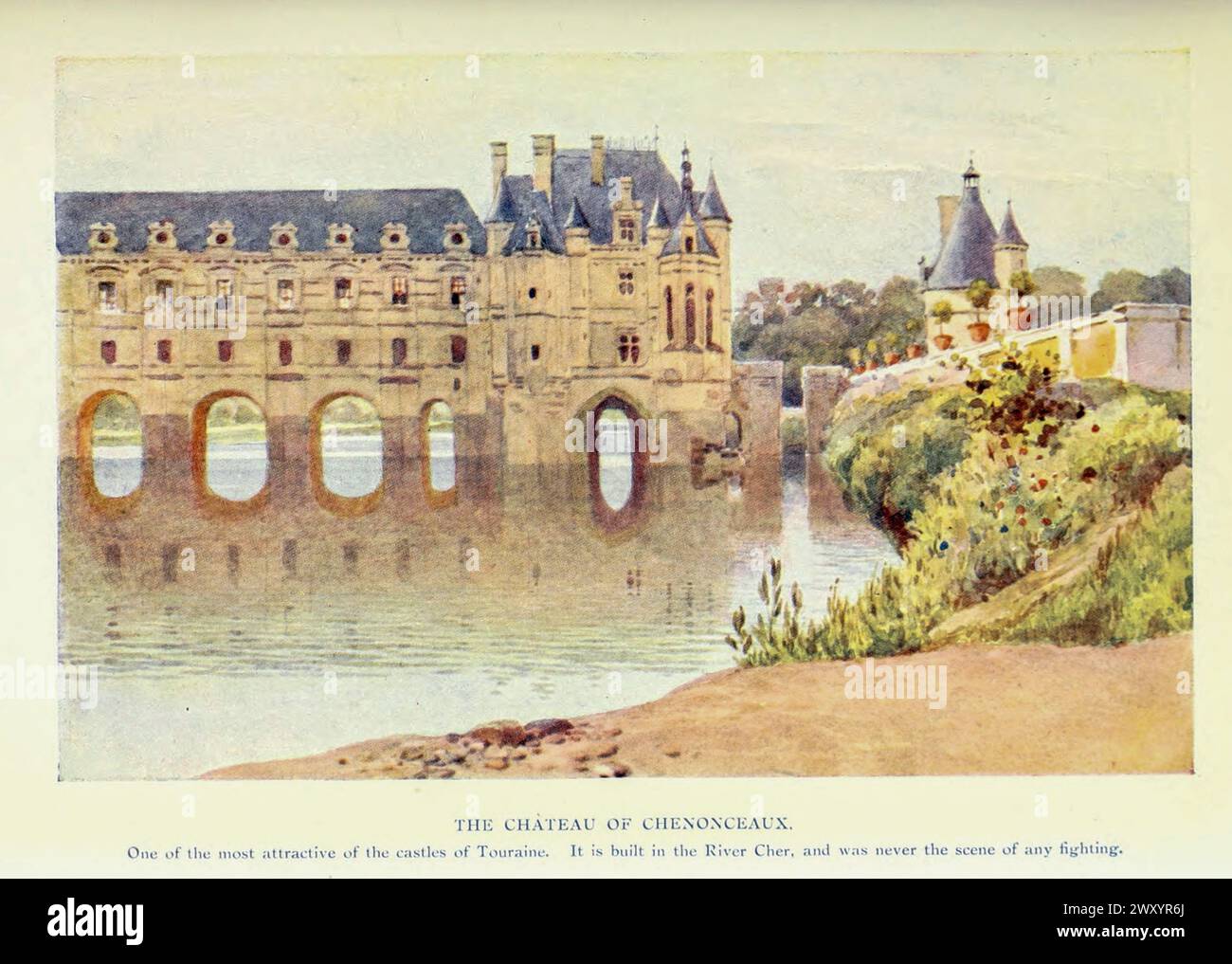 The Chateau of Chenonceaux 1910 von Gordon Cochrane Home (25. Juli 1878 – 13. Dezember 1969) war ein englischer Landschaftskünstler, Schriftsteller und Illustrator. Die Château de Chenonceau ist eine französische château, die den Fluss Cher in der Nähe des kleinen Dorfes Chenonceaux, Indre-et-Loire, Centre-Val de Loire, überspannt. Es ist eines der bekanntesten châteaux des Loire-Tals. Stockfoto