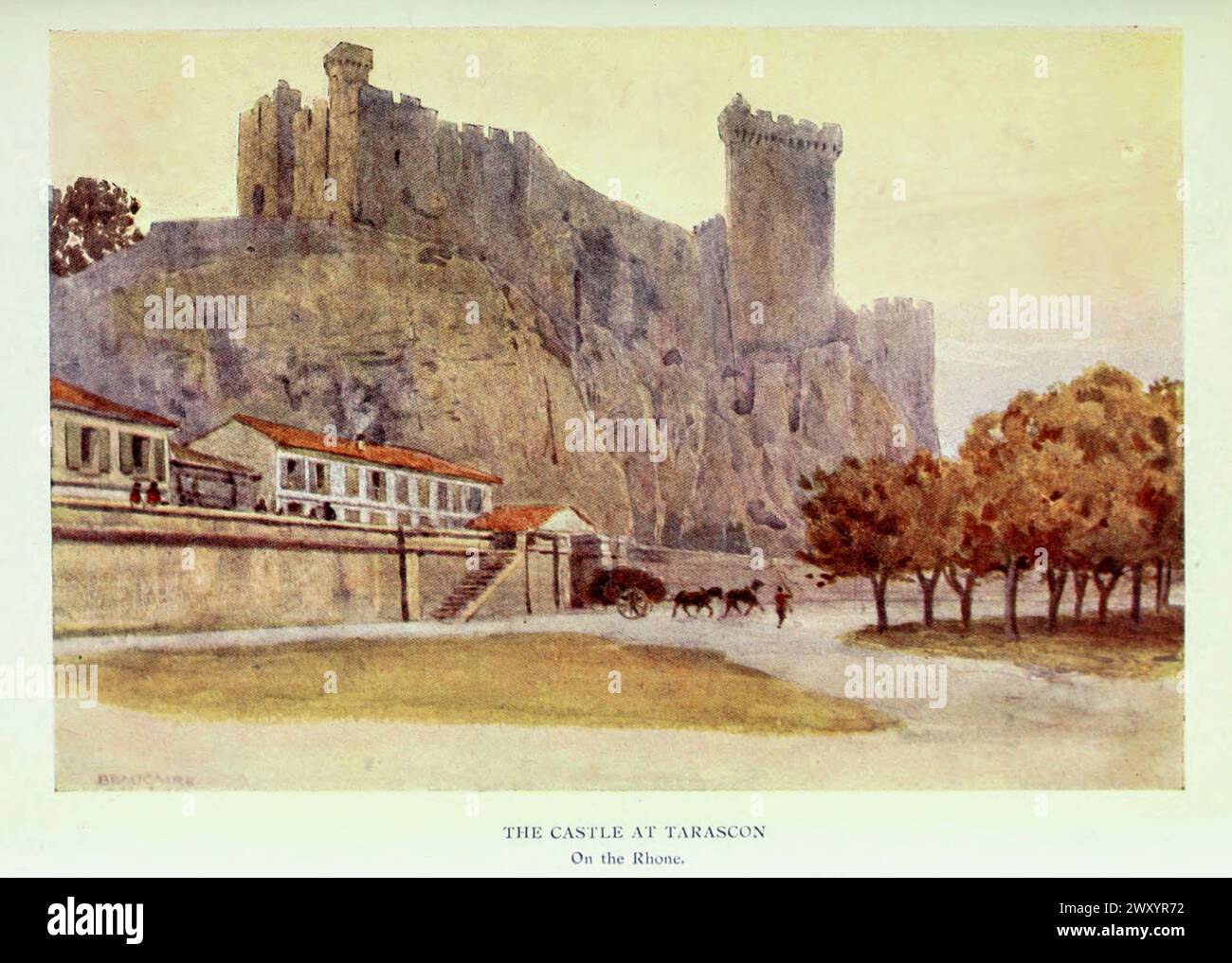 The Castle at Tarason on the Rhone 1910 von Gordon Cochrane Home (25. Juli 1878 – 13. Dezember 1969) war ein englischer Landschaftskünstler, Schriftsteller und Illustrator. Stockfoto