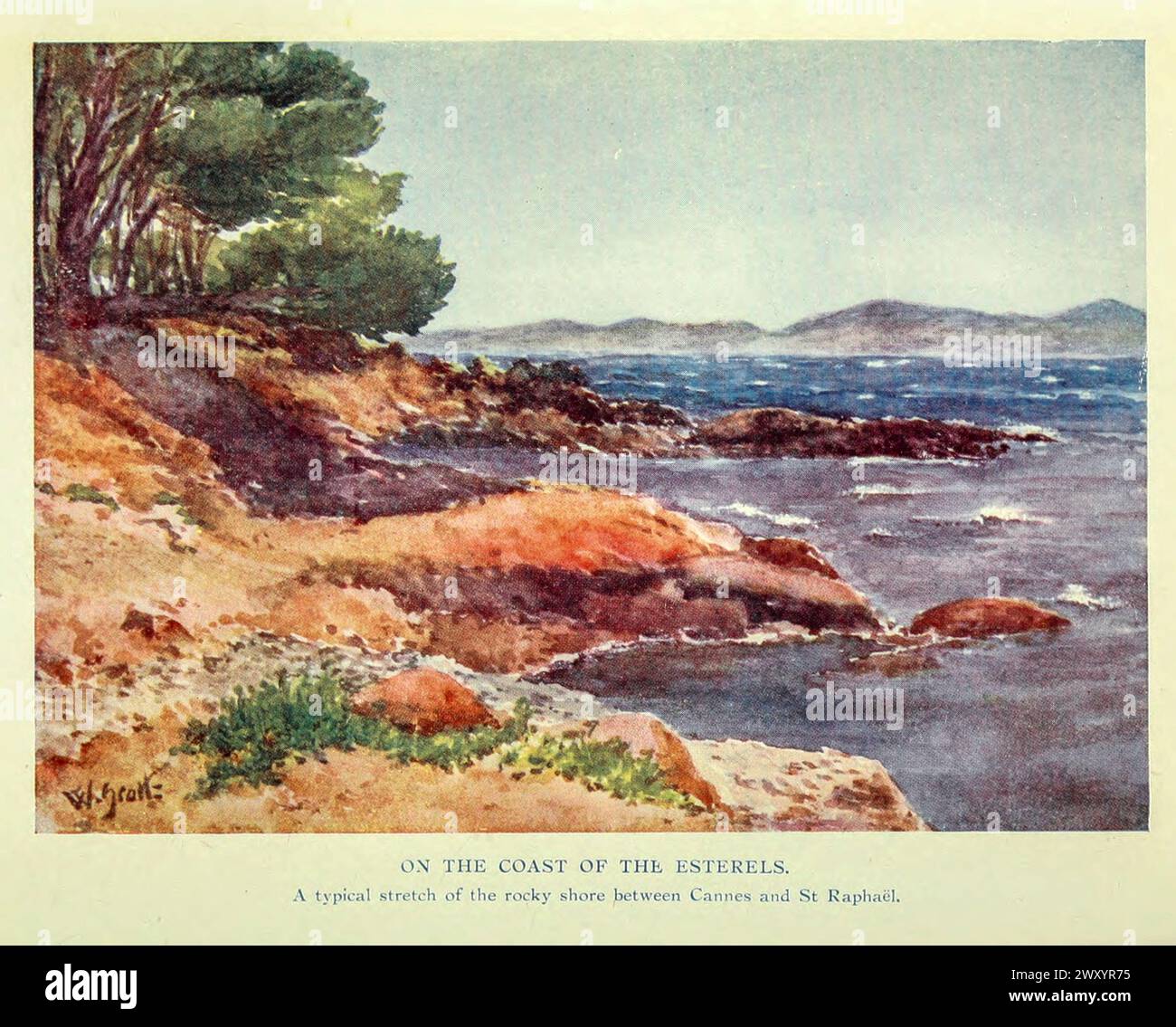 On the Coast of the Esterels 1910 von Gordon Cochrane Home (25. Juli 1878 – 13. Dezember 1969) war ein englischer Landschaftskünstler, Schriftsteller und Illustrator. Stockfoto