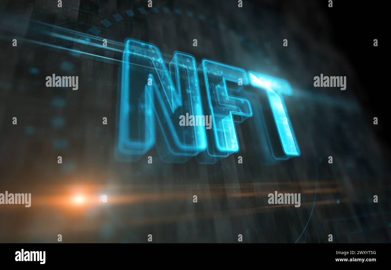 NFT nicht fungibles Token Krypto-Artwork Investitionssymbol digitales Konzept. Netzwerk-, Cyber-Technologie-Zeichen und Computer-Hintergrund abstrakte Icon 3D illus Stockfoto