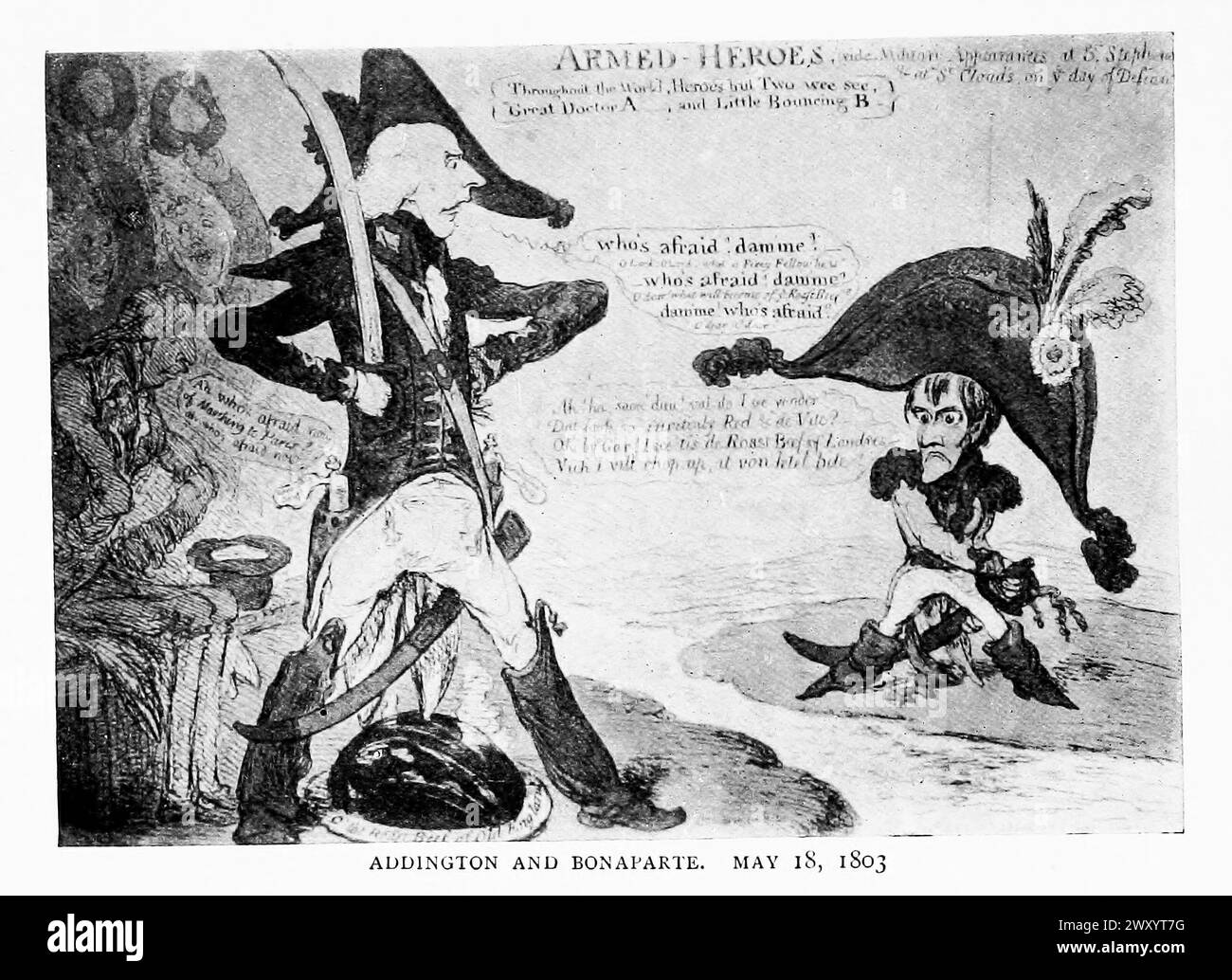 Addington und Bonaparte. 18. Mai 1803 Napoleon and the Invasion of England : The Story of the Great Terror Henry Addington, 1. Viscount Sidmouth, PC (* 30. Mai 1757 bis 15. Februar 1844) war ein britischer Staatsmann der Tory, der von 1801 bis 1804 Premierminister des Vereinigten Königreichs war. Stockfoto