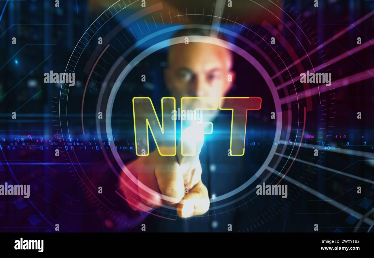 NFT nicht fungibles Token Krypto-Artwork Investitionssymbol digitales abstraktes 3D-Konzept. Finger-Touchscreen. Cybertechnologie und Netzwerkhintergrund. Mann Stockfoto