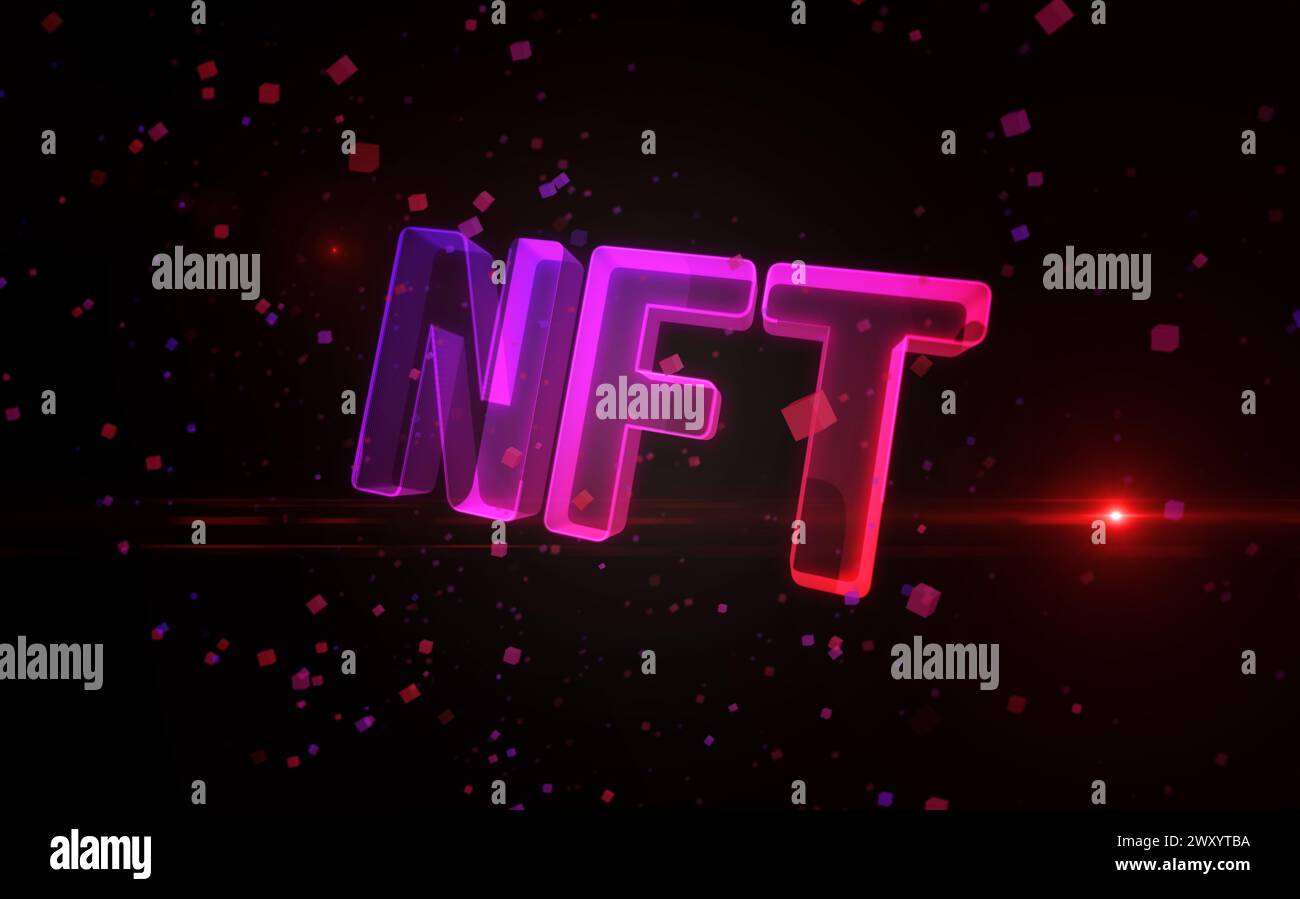 NFT nicht fungibles Token Krypto-Kunstwerk Investitionssymbol digitales abstraktes Konzept holographisches Glas. Cyber-Technologie und Computerhintergrund 3D-Objekt Stockfoto