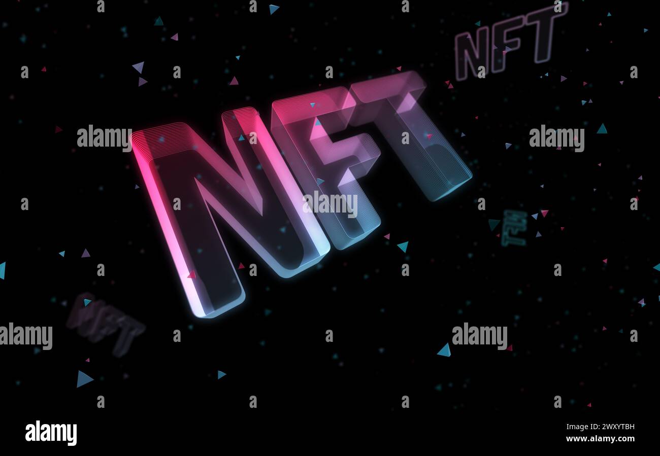 NFT nicht fungibles Token Krypto-Kunstwerk Investitionssymbol digitales abstraktes Konzept holographisches Glas. Cyber-Technologie und Computerhintergrund 3D-Objekt Stockfoto