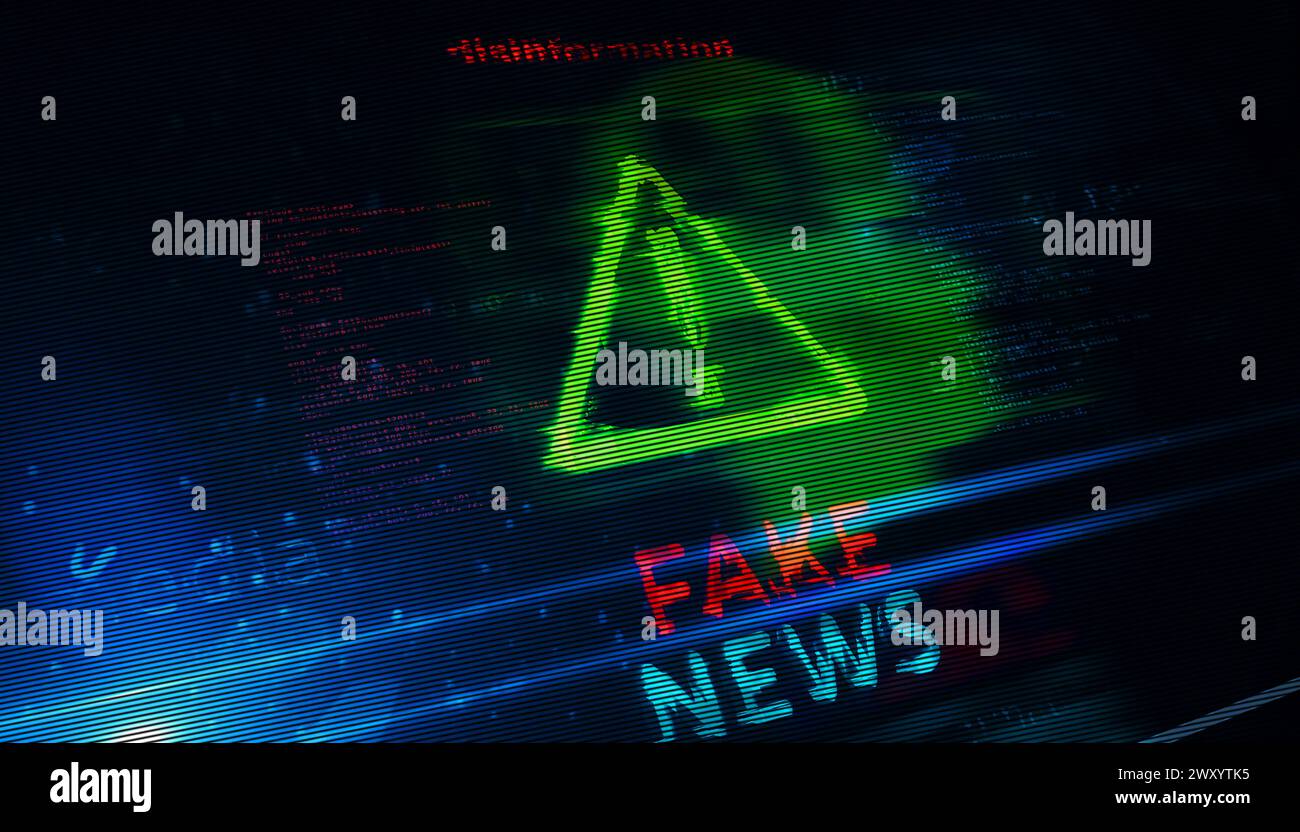 Fake News Hoax und Desinformation Symbol Technologie Konzept. Abstraktes Schild auf Störbildschirmen 3D-Illustration. Stockfoto