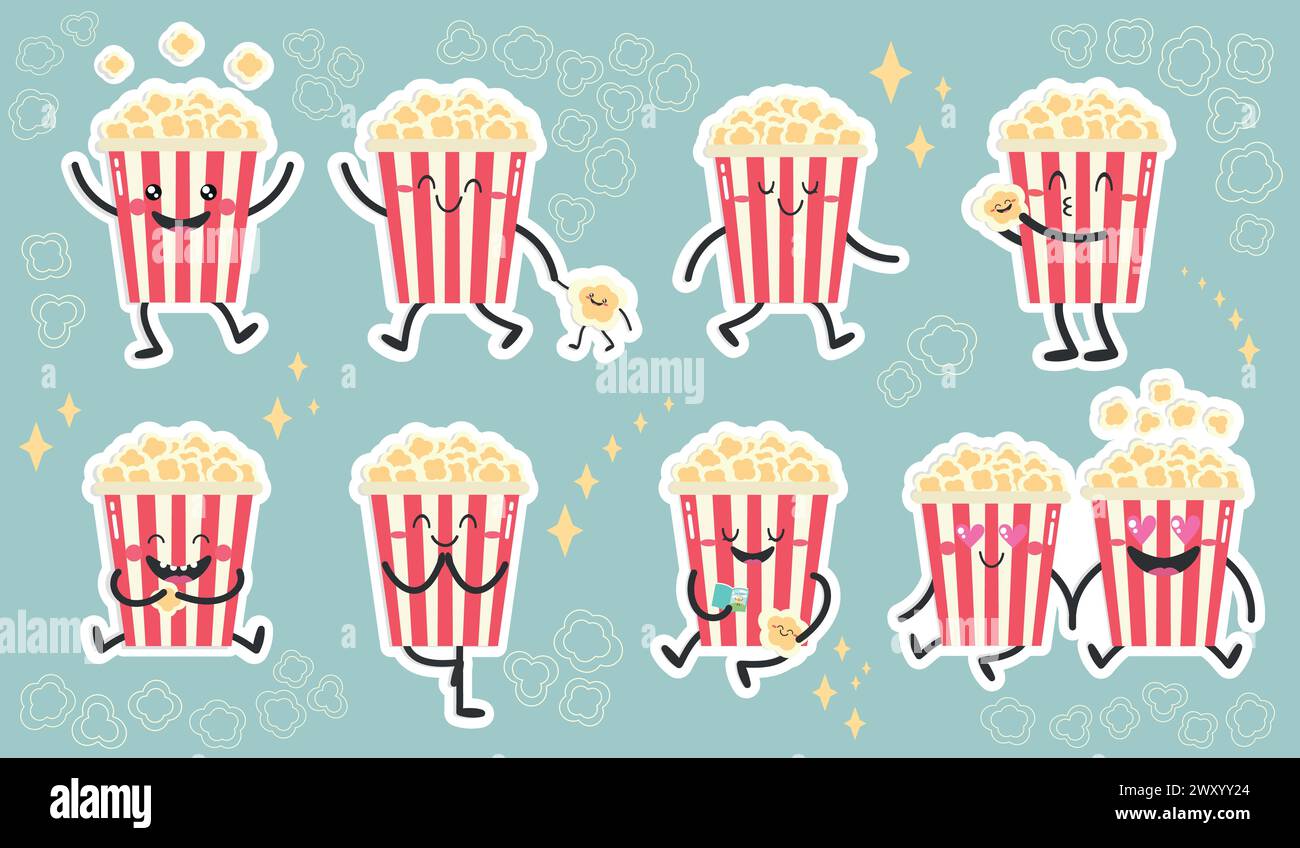 Niedliches Comic-Popcorn-Set. Lustige Popcorneimer und Babys. Flacher STYLE. Vektorabbildung Stock Vektor