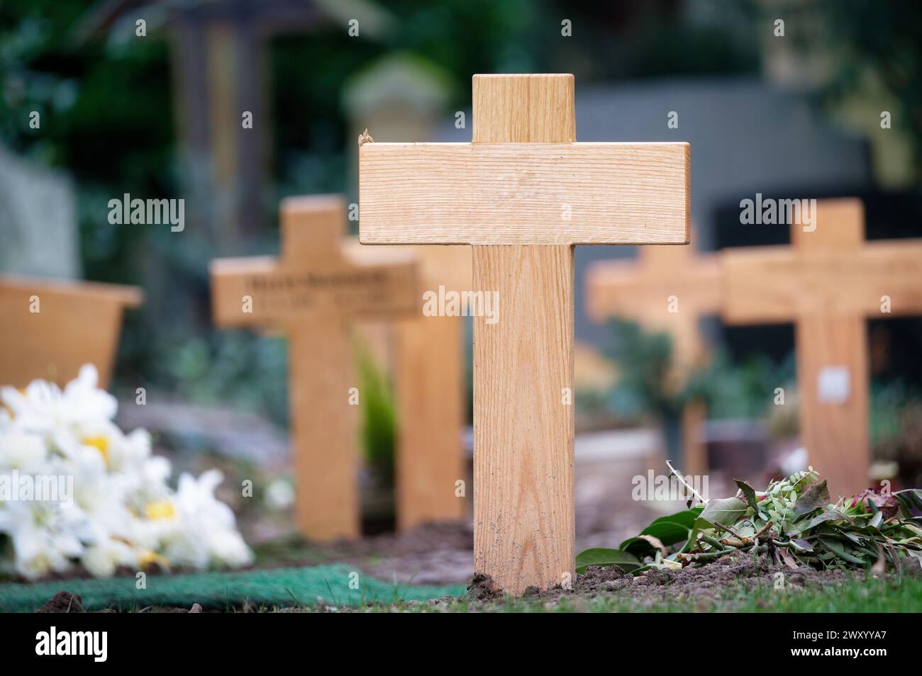 Viele Holzkreuze auf einem frischen Grab auf einem Friedhof für die Armen Stockfoto