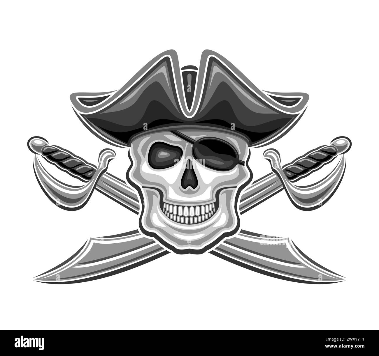 Vektor-Logo für Piratenschädel, dekoratives Abzeichen mit Illustration des schrecklichen Piratenschädels in altem Seehut und gekreuzten Schwertern für E-Sport-Team, Vintage Stock Vektor
