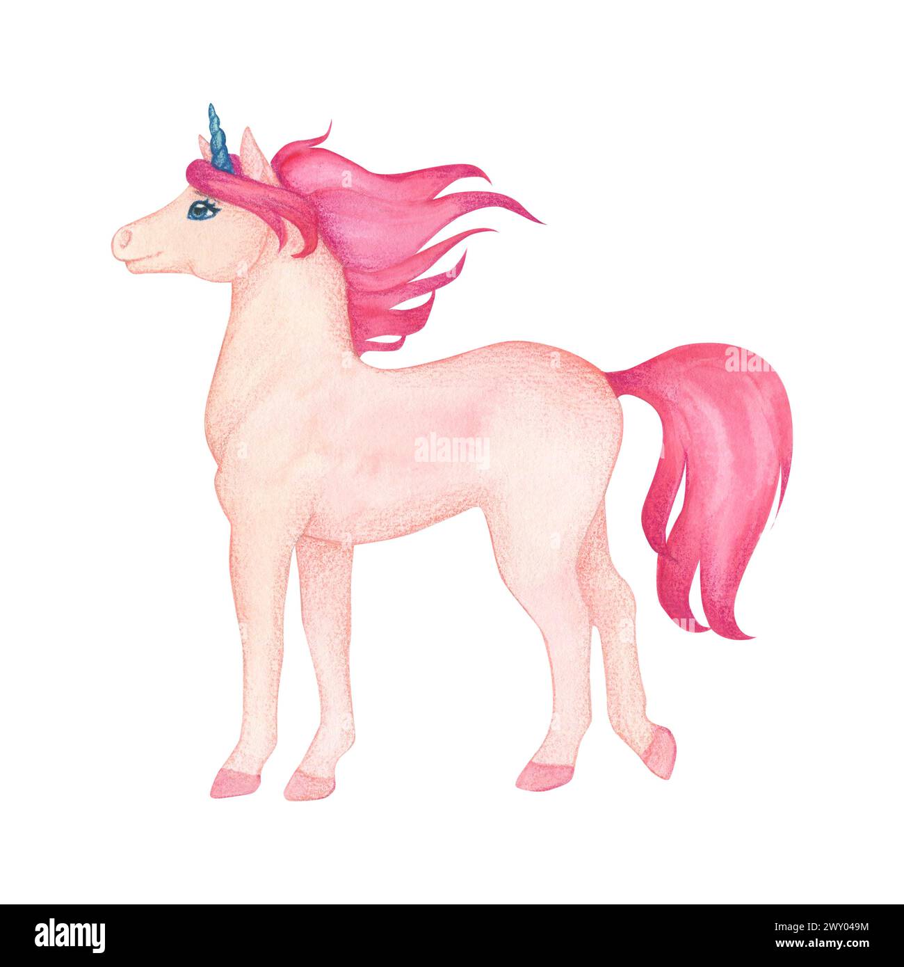 Aquarellillustration eines niedlichen stehenden Einhorns in rosa und türkisfarbenen Farben. Märchenfigur zur Dekoration der Tapete im Kinderzimmer Stockfoto