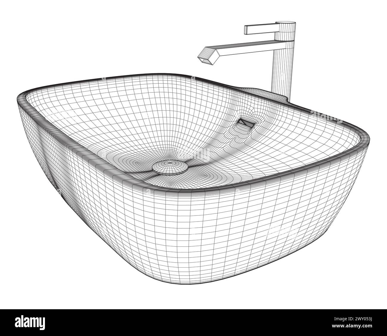 Waschbecken im Badezimmer mit Drahtgestell und Wasserhahnzeichnung auf weißem isoliertem Hintergrund. Vektorabbildung. 3D. Stock Vektor