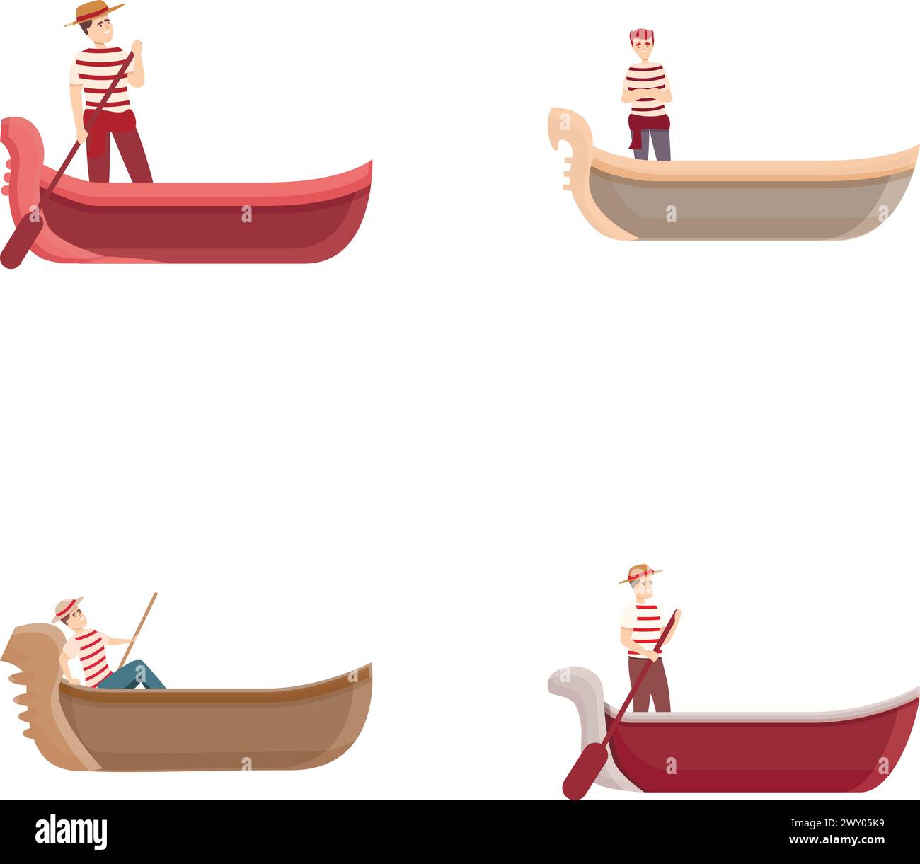 Venedig Gondelsymbole setzen Cartoon Vektor. Italienisches Boot mit Gondoliere. Europa reist Stock Vektor