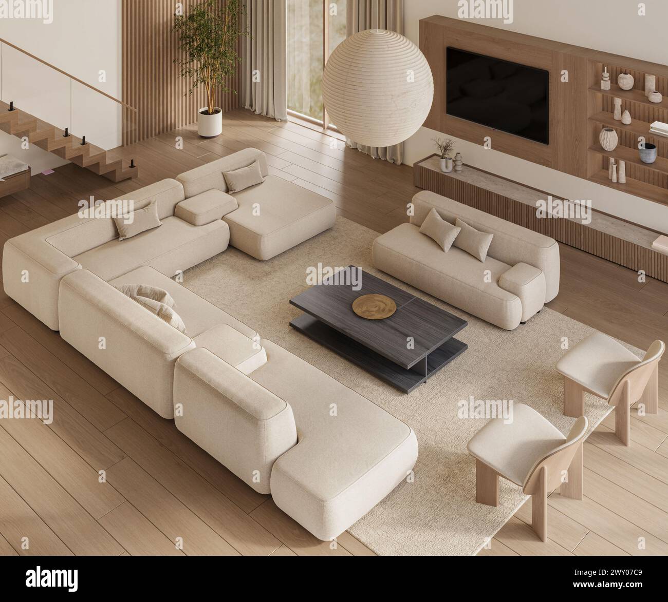 Offenes Wohnzimmer und Küche mit großen Fenstern, TV-Wand, grauem Sofa, Holzpaneelen und Treppen. Moderne Designlösung Stockfoto