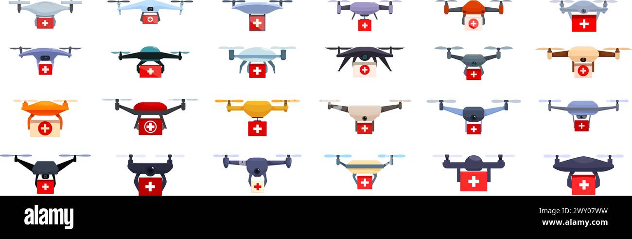 Drohnen medizinische Ikonen setzen Cartoonvektor. Abgabepille. Gesundheitshilfe Stock Vektor