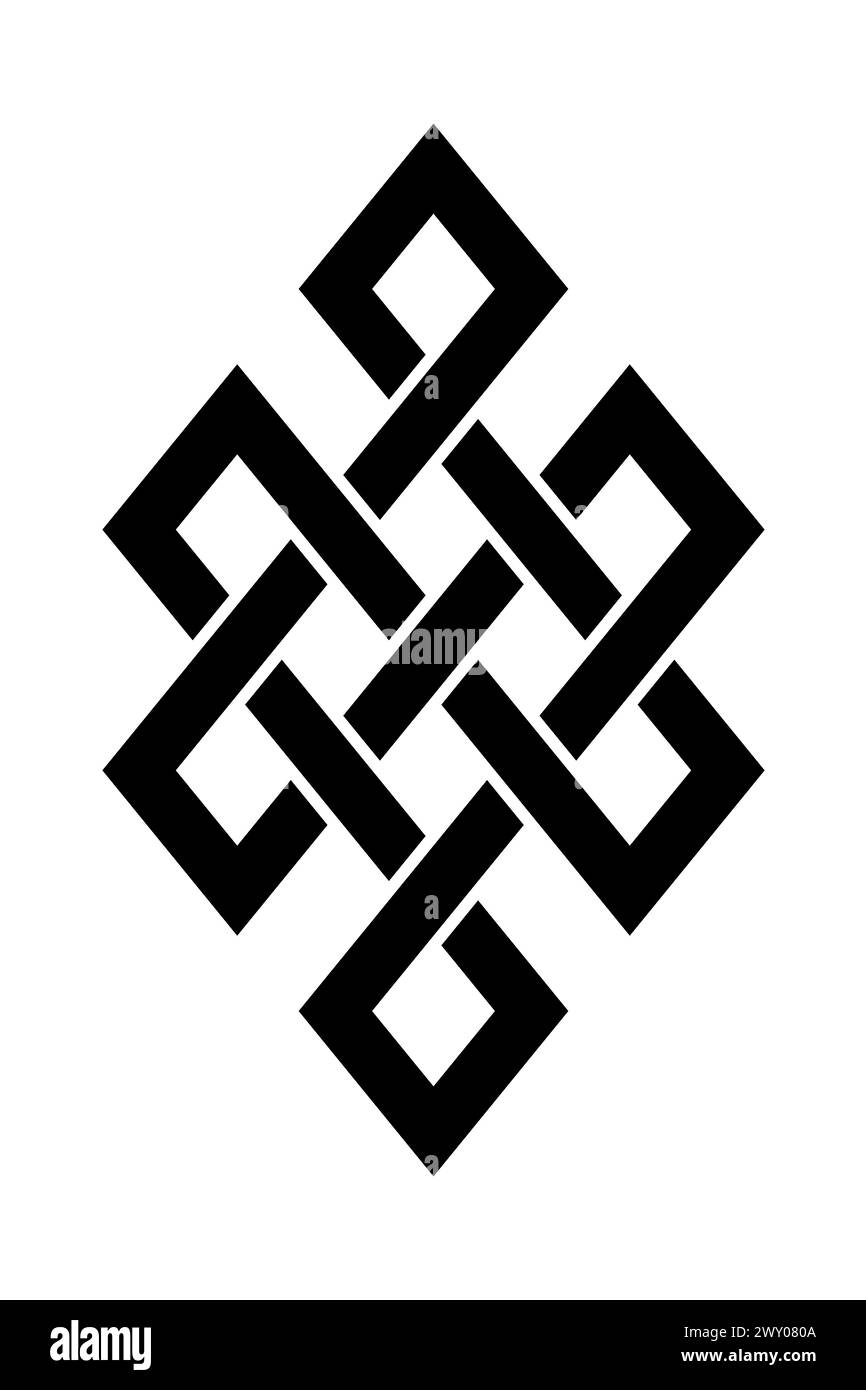 Endloser Knoten, auch bekannt als ewiger Knoten. Gemeinsame Form eines ineinandergreifenden Knotens und eines von acht glückverheißenden Symbolen im Hinduismus, Jainismus und Buddhismus. Stockfoto