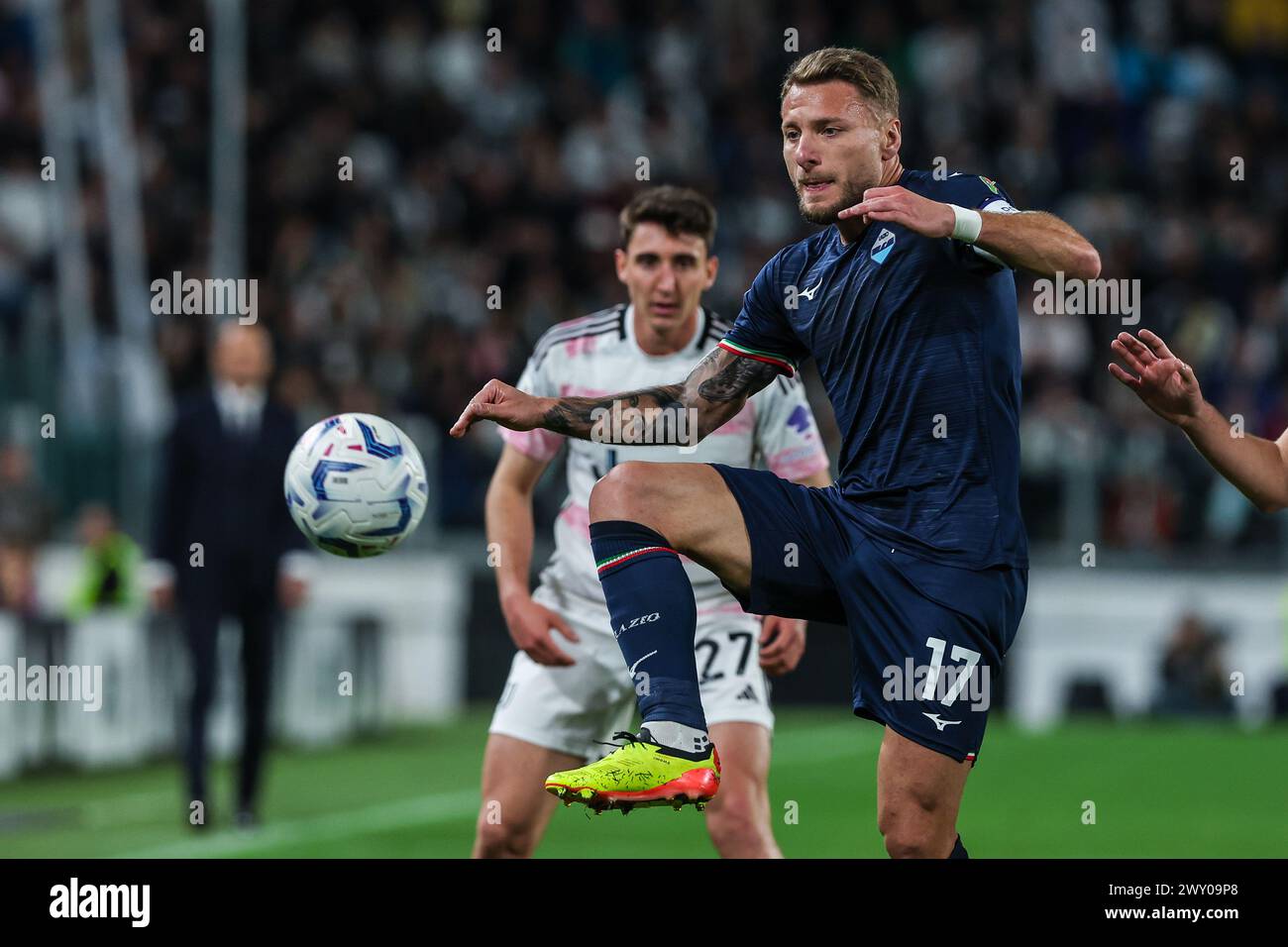 Turin, Italien. April 2024. Ciro immobile der SS Lazio wurde 2023/24 beim Halbfinale 1st Leg Football Match zwischen Juventus FC und SS Lazio im Allianz Stadium in Aktion gesehen. ENDNOTE : Juventus 2 | 0 Lazio (Foto: Fabrizio Carabelli/SOPA Images/SIPA USA) Credit: SIPA USA/Alamy Live News Stockfoto