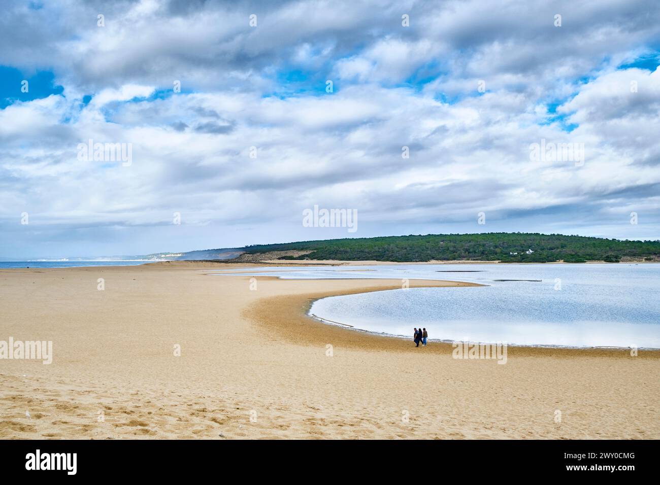 Die Lagune von Albufeira, ein geschütztes Gebiet, und der Strand mit Blick auf den Atlantik. Portugal Stockfoto