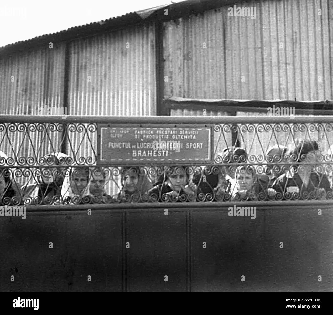 Ilfov County, Sozialistische Republik Rumänien in den 1970er Jahren Arbeiter in einer Konditorfabrik warten hinter einem Zaun, bevor sie nach Hause gehen. In einigen Produktionsstätten wurden die Taschen der Arbeiter bei der Abreise untersucht, um den Diebstahl von Rohstoffen zu verhindern. Stockfoto