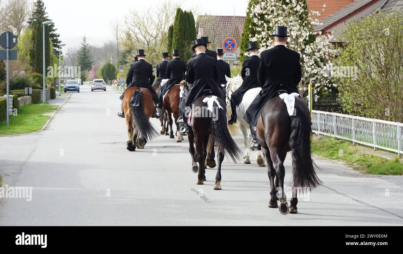 Bautzen - Sorbischer Brauch: Osterreiter verkünden Auferstehung 31.03.2024 Bautzen und AT: Stiebitz Fotograf: LausitzNews.de/Tim Kiehle die Tradition des Osterreitens wird in der Lausitz seit vielen Jahrhunderten gepflegt. In 9 verschiedenen Prozessionen machen sich wieder hunderte Reiter mit geschmückten Pferden auf den Weg, um die Botschaft der Auferstehung Christi ins Land hinaus zu tragen. In Bautzen setzte sich die Prozession gegen 10:45 Uhr, mit dem Ziel Radibor, in Bewegung. Zuvor wurden die Reiter von Dompfarrer Veit Scapan gesegnet, danach gesetzt auch er sich au Stockfoto