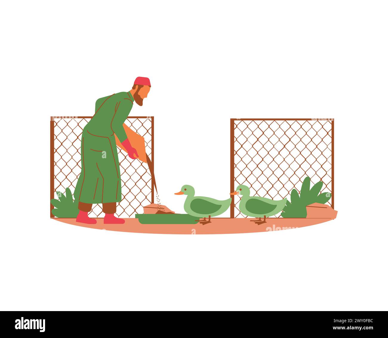 Ein junger arabischer Gärtner ernährt die Enten. Illustration und Konzept der Tierpflege und -Adoption. Vektorillustration für Tier- und Naturleben Stock Vektor