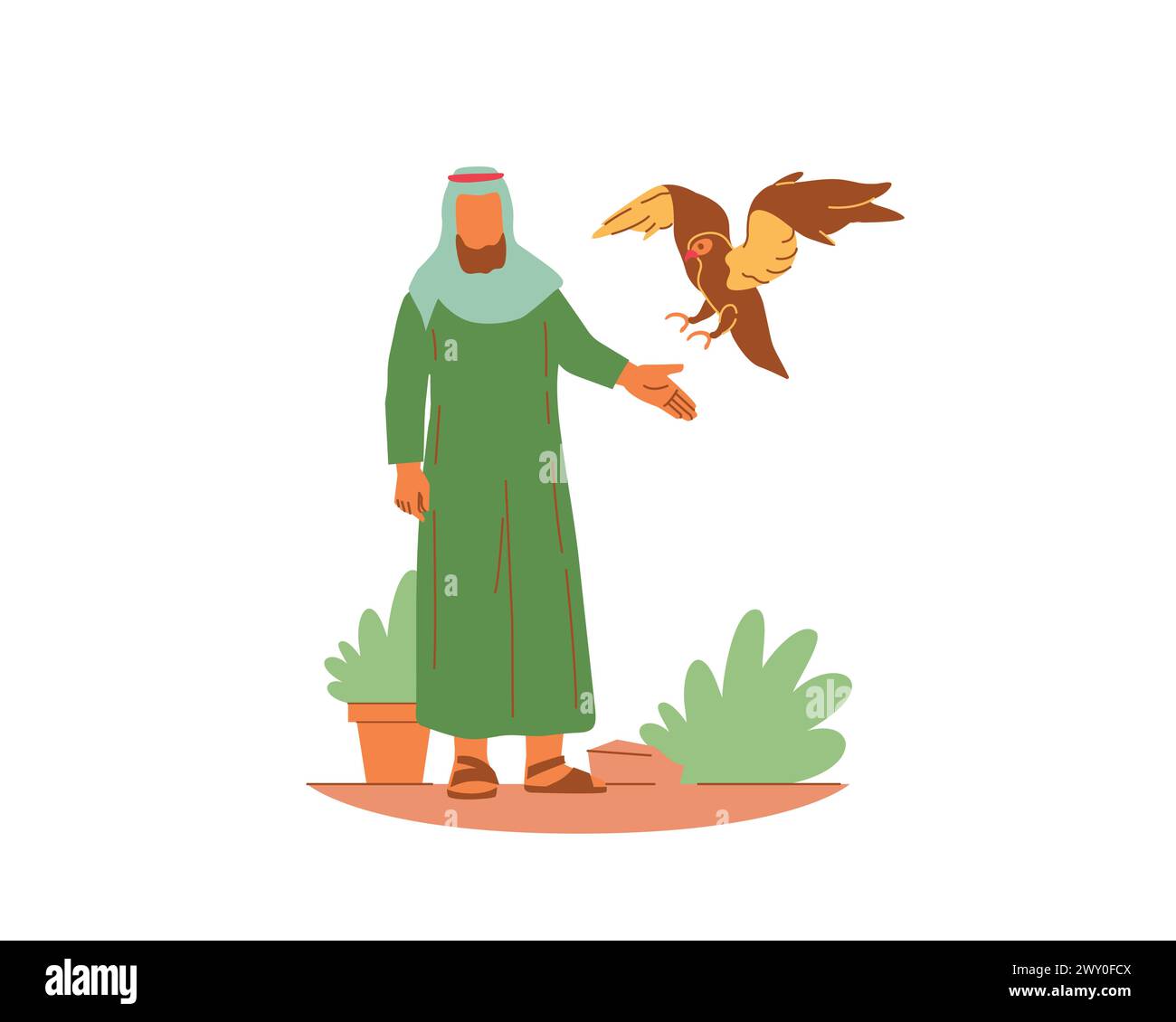 Arabischer Mann mit Vogel in der Hand. Moderne flache Vektorillustration. Stock Vektor