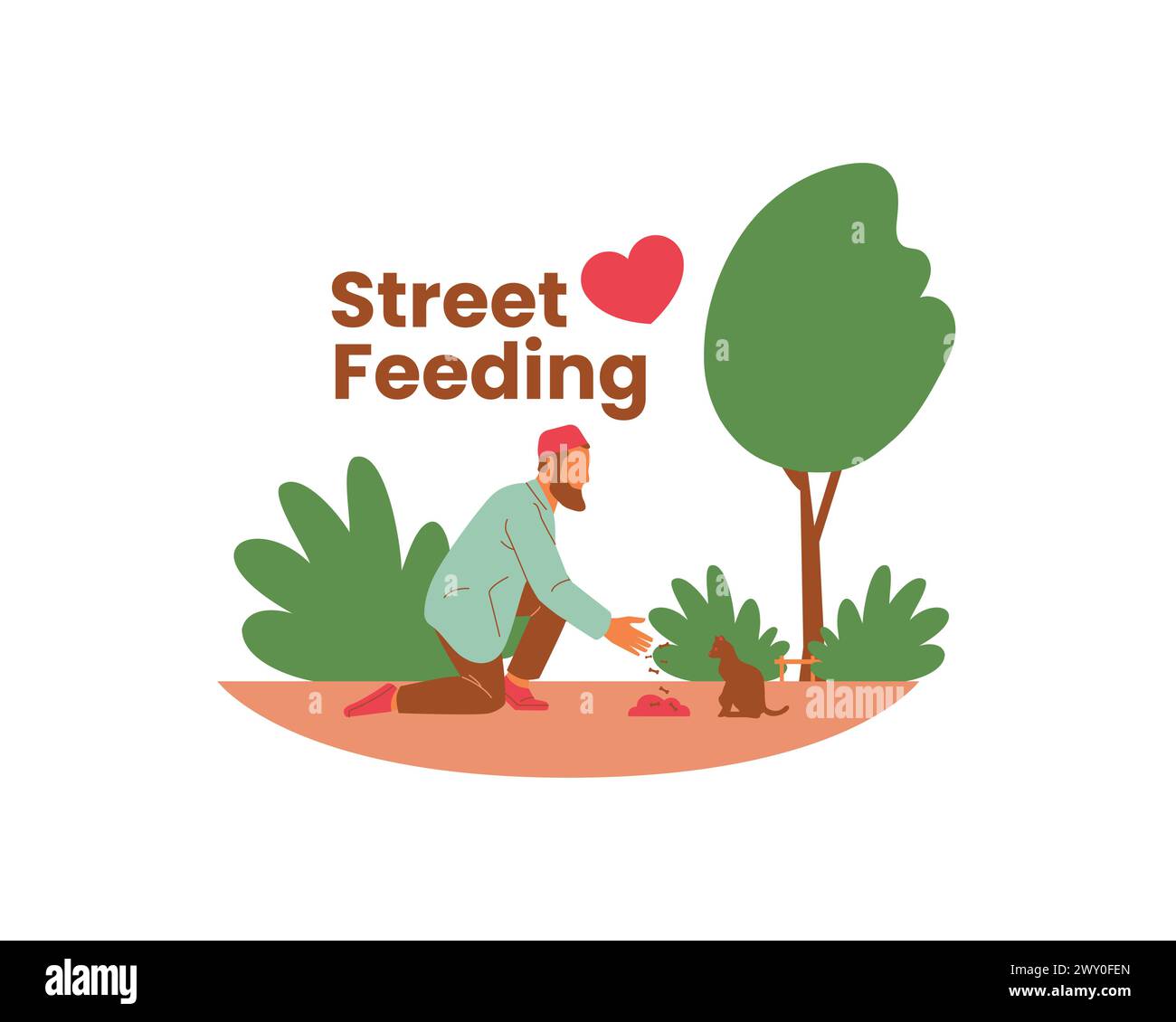 Ein junger arabischer Freiwilliger füttert eine Katze und Pflanzen in der Parkszene Vektor-Illustration Design. Tierpflege und Konzeptgestaltung für die Annahme. Stock Vektor