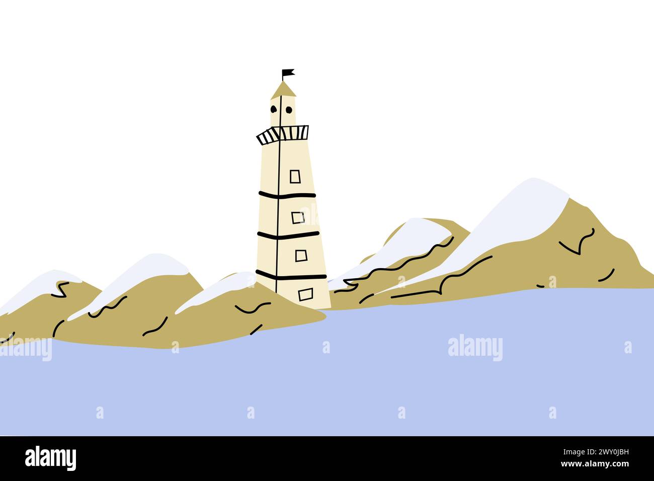 Niedlicher Leuchtturm in der Nähe von Bergfelsen an der Küste - Zeichentrickfilm-Illustration. Vektor-Illustration von wunderschönem Leuchtturm und Felsen. Doodle Marine AR Stock Vektor