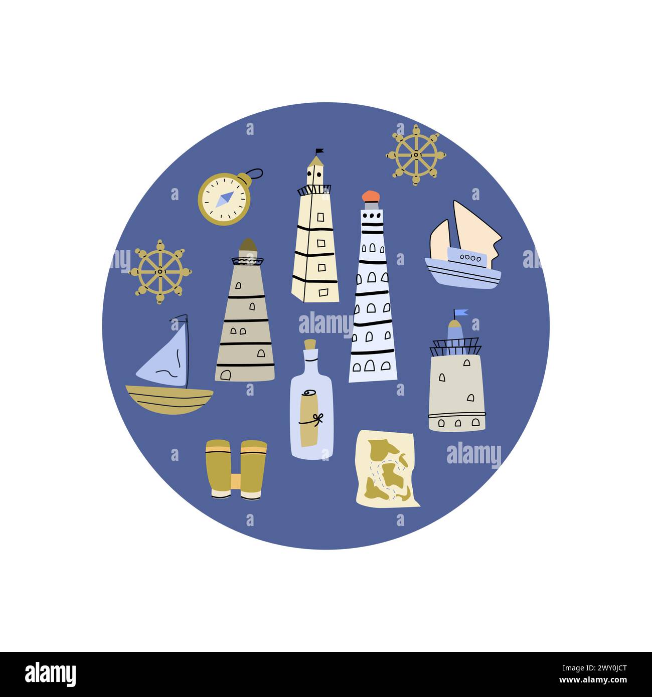 Runder Hintergrund des nautischen Zeichentrickfilms mit Leuchttürmen und Seeausrüstung und Transport. Vektorillustration von kindlichem Schiff, Binokular, Leuchttürmen. Stock Vektor