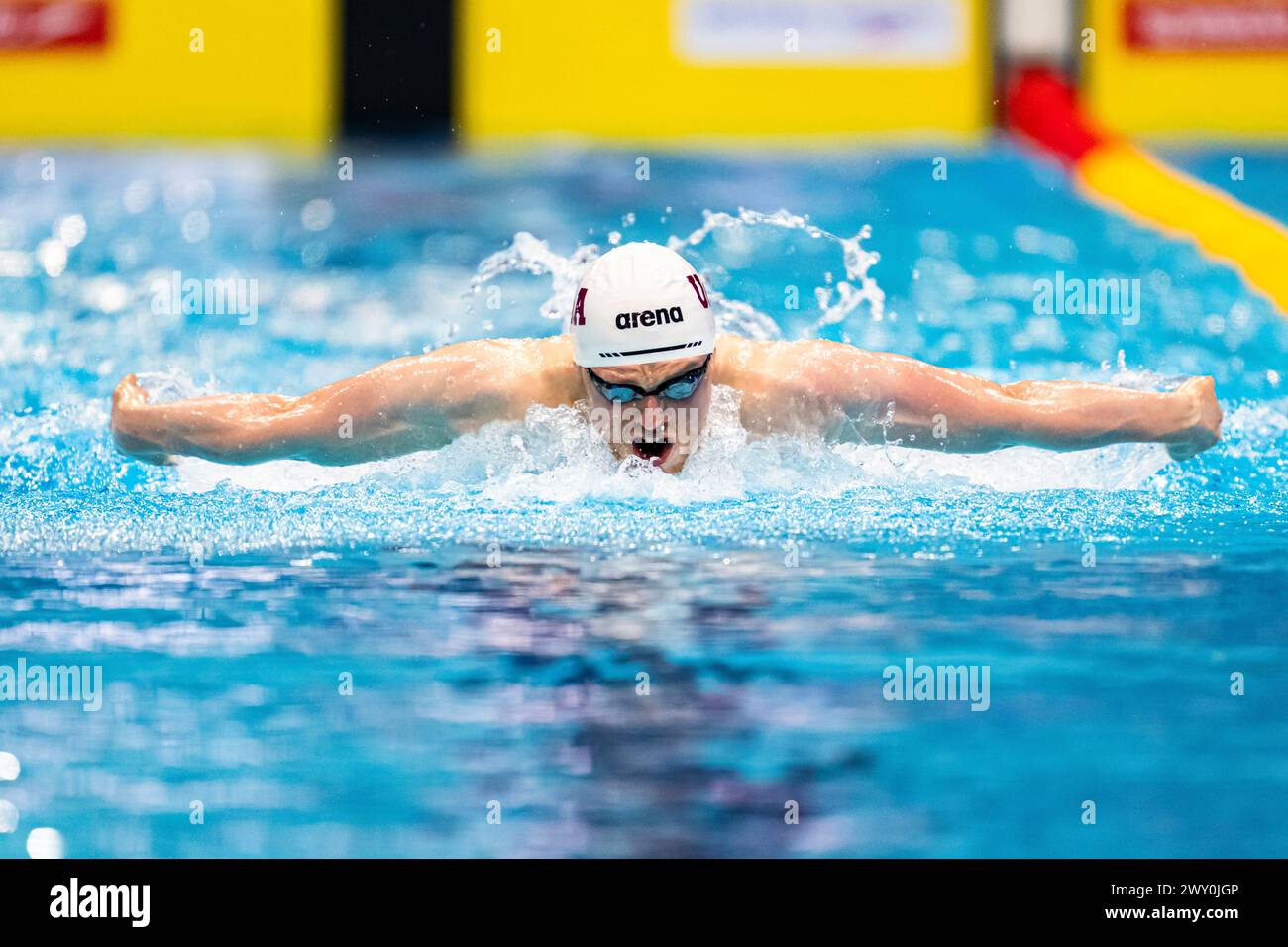 LONDON, VEREINIGTES KÖNIGREICH. April 24. Thomas Beeley tritt am Mittwoch, den 03. April 2024, im London Aquatics Centre bei den Speedo Aquatics GB Swimming Championships 2024 im 200-m-Schmetterling der Herren an. LONDON ENGLAND. Quelle: Taka G Wu/Alamy Live News Stockfoto