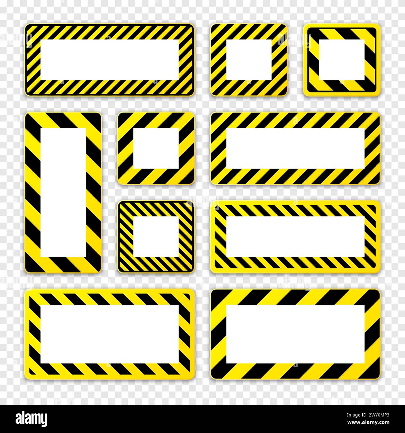Verschiedene leere Warnschilder mit diagonalen Linien. Rotes Achtung-, Gefahr- oder Vorsichtshinweisschild, Baustellenbeschilderung. Realistisches Hinweisschild, Warnung Stock Vektor