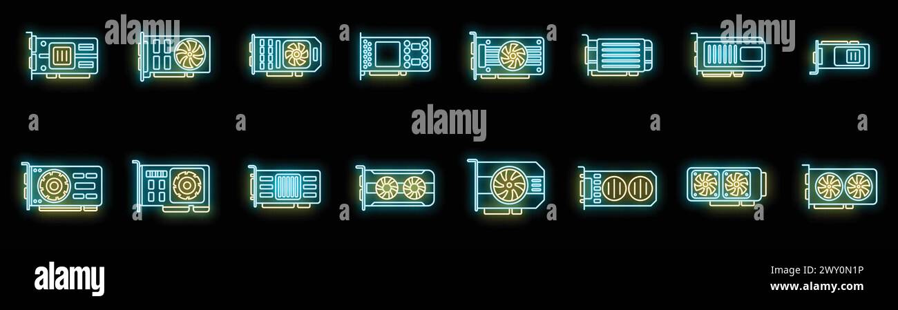 Symbole der GPU-Grafikkarte legen den Konturvektor fest. Hardware. Platinenkondensator Neonfarbe auf Schwarz Stock Vektor