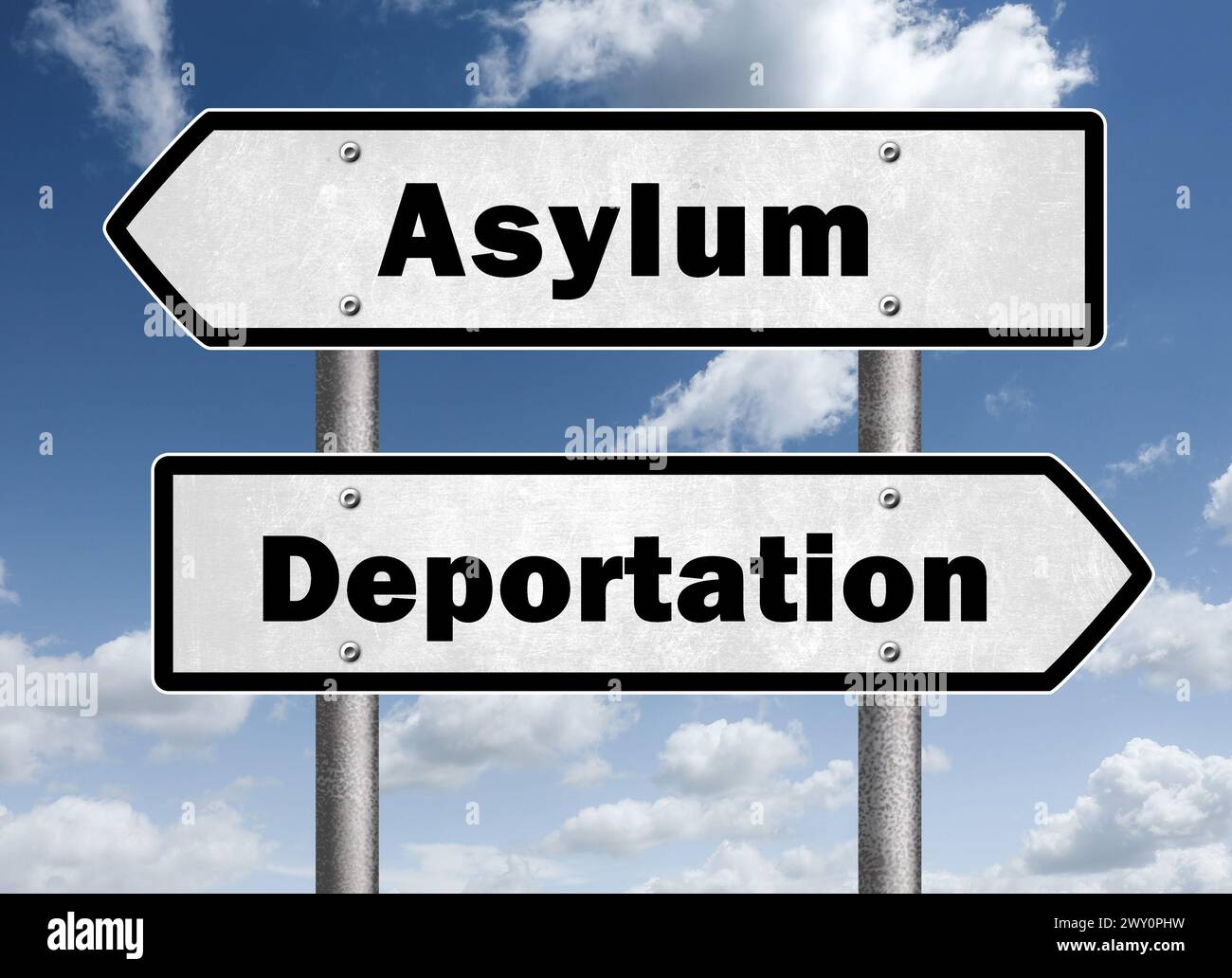 Asyl oder Abschiebung - Straßenschilder Stockfoto