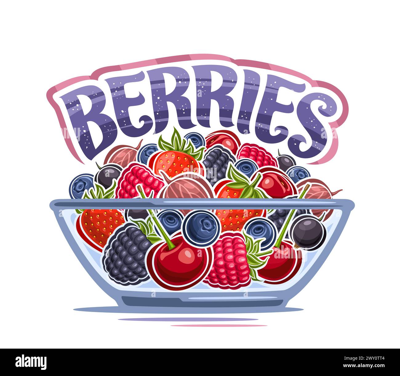 Vector Berry Bowl, dekoratives Poster mit isoliertem Zeichentrickdesign Beeren Komposition mit grünen Blättern und Stielen, Umrissillustration der Beerenfrucht Stock Vektor