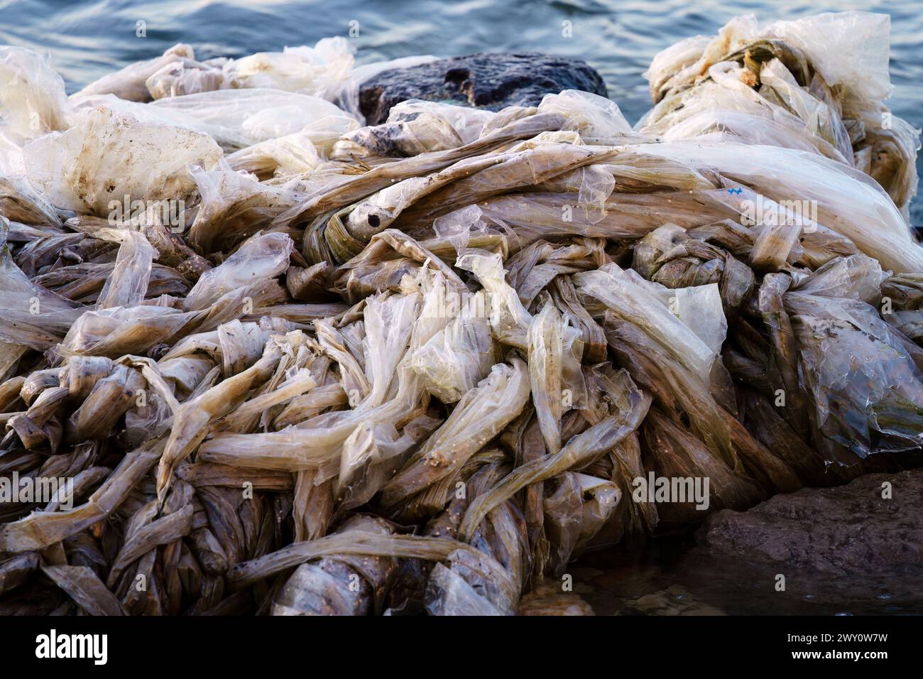 Nahaufnahme von Kunststoffabfällen entlang der Küstenlinie Stockfoto