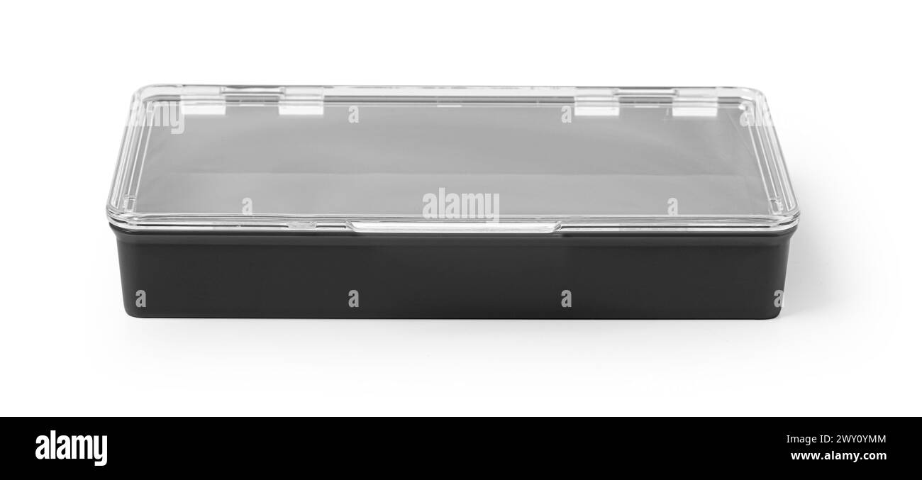 Leere wiederverwendbare Kunststoffbox auf weißem Hintergrund mit transparentem Scharnierdeckel mit Schneidepfad Stockfoto