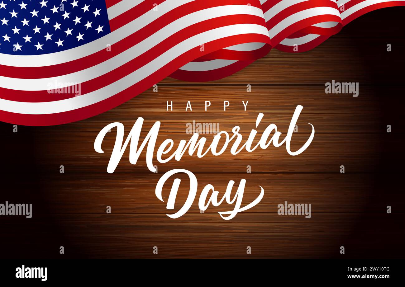 Happy Memorial Day Schriftzug mit 3D USA Flagge auf Holzdielen. Vektorabbildung Stock Vektor