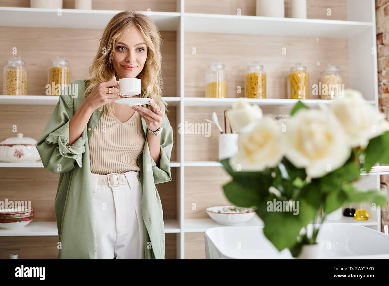 Frau, die vor dem Küchenregal steht und einen Becher hält. Stockfoto