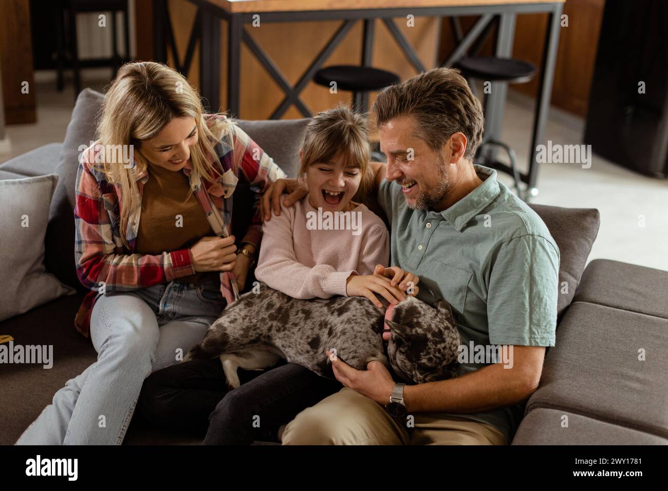 Fröhliche Eltern beobachten ihre Tochter beim Spielen mit einer glücklichen französischen Bulldogge zu Hause Stockfoto