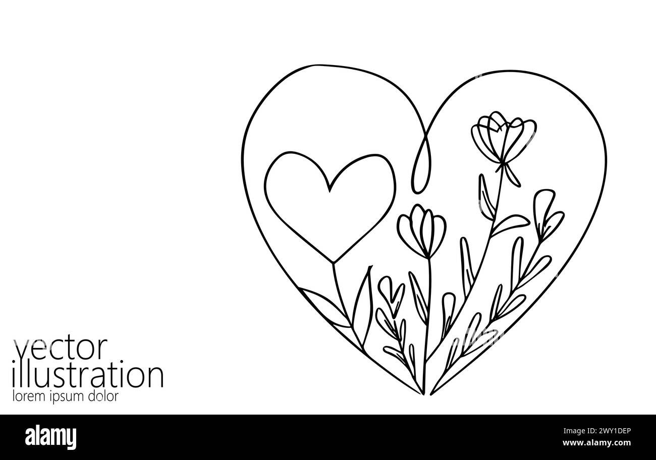 Herz mit Blumen, einzelne durchgehende Strichkunst. Romantisches Liebesdatum Beziehung Paar Silhouette Konzept Design eine Skizze Umriss Zeichnung weiß vecto Stock Vektor