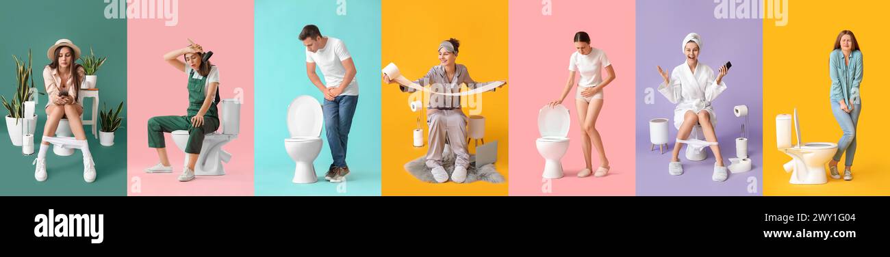 Gruppe junger Frauen mit Toilettenschalen auf farbigem Hintergrund Stockfoto